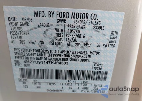 2007 Mercury Mariner Luxury z USA, uszkodzony, nr VIN 4M2YU91147KJ04583